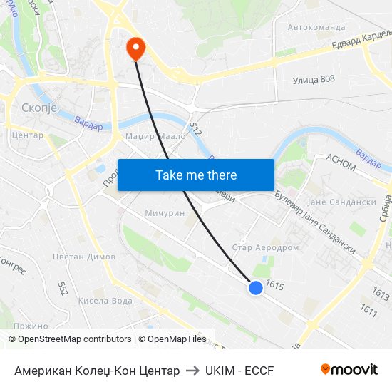 Американ Колеџ-Кон Центар to UKIM - ECCF map