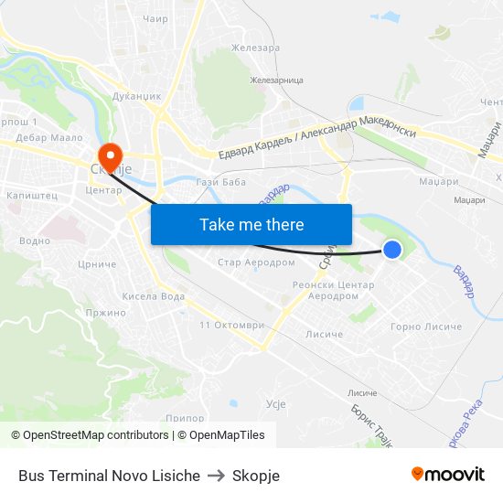 Bus Terminal Novo Lisiche to Skopje map