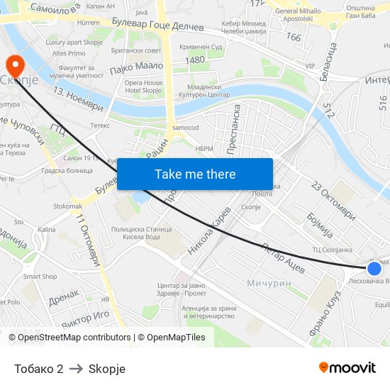 Тобако 2 to Skopje map