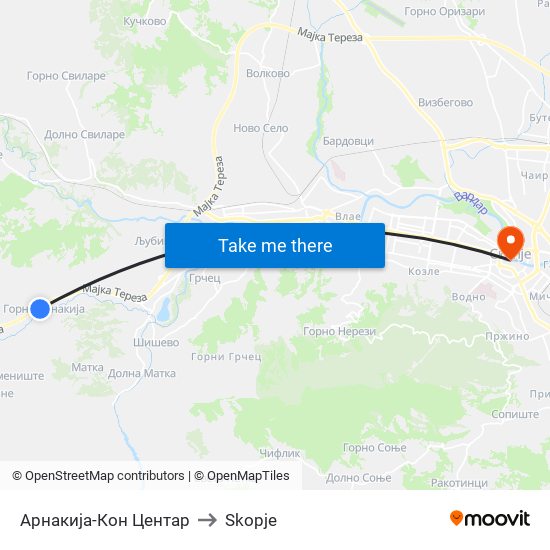 Арнакија-Кон Центар to Skopje map