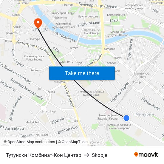 Тутунски Комбинат-Кон Центар to Skopje map