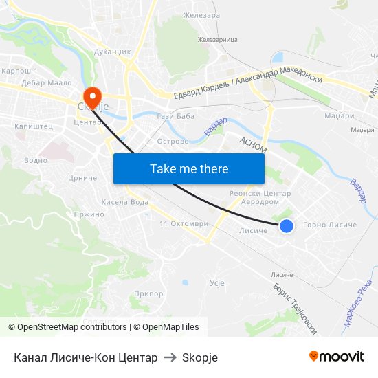 Канал Лисиче-Кон Центар to Skopje map