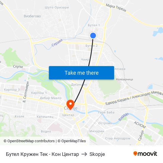 Бутел Кружен Тек - Кон Центар to Skopje map