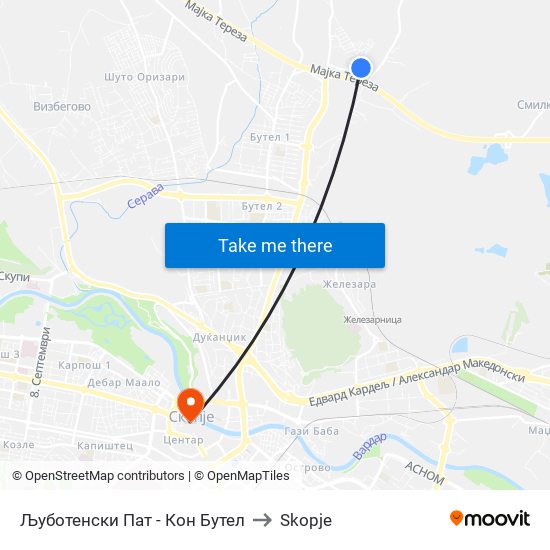 Љуботенски Пат - Кон Бутел to Skopje map