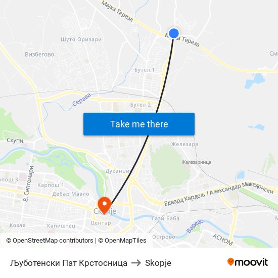 Љуботенски Пат Крстосница to Skopje map