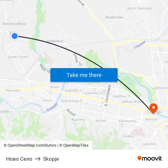 Ново Село to Skopje map