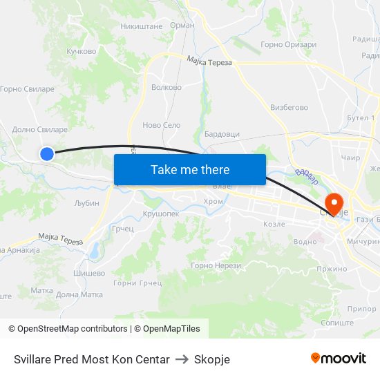 Svillare Pred Most Kon Centar to Skopje map