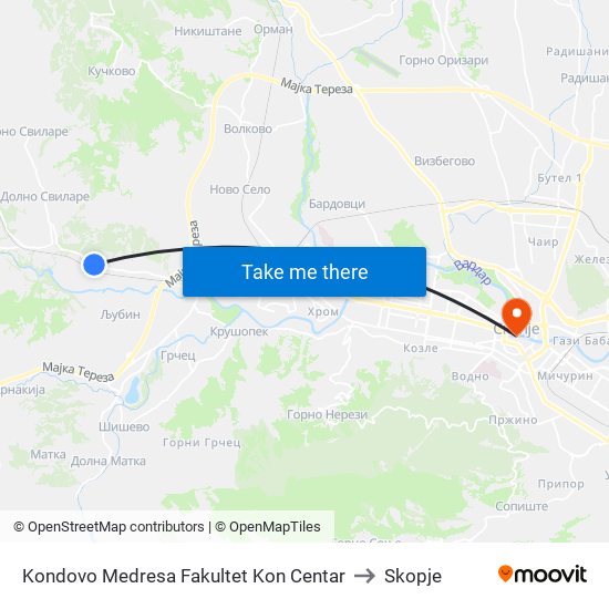 Kondovo Medresa Fakultet Kon Centar to Skopje map