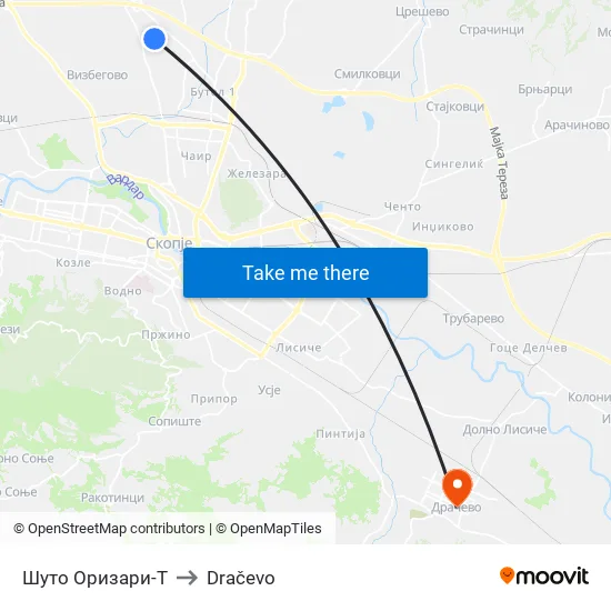 Shuto Orizari-T to Dračevo map