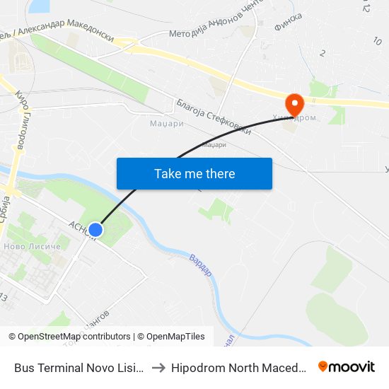 Bus Terminal Novo Lisiche to Hipodrom North Macedonia map