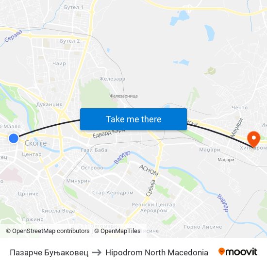 Пазарче Буњаковец to Hipodrom North Macedonia map