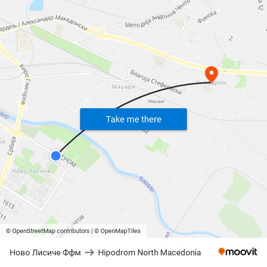 Ново Лисиче Ффм to Hipodrom North Macedonia map
