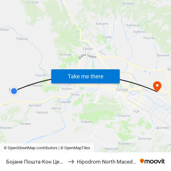 Бојане Пошта-Кон Центар to Hipodrom North Macedonia map