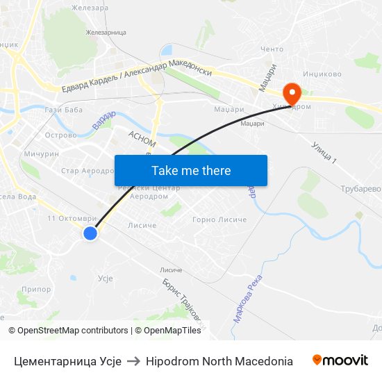 Цементарница Усје to Hipodrom North Macedonia map