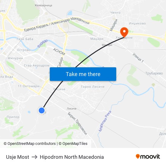 Usje Most to Hipodrom North Macedonia map