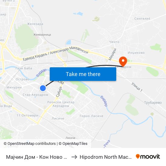 Мајчин Дом - Кон Ново Лисиче to Hipodrom North Macedonia map