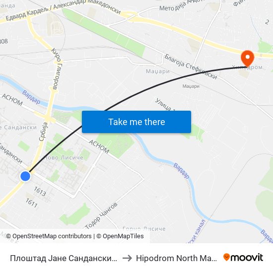 Плоштад Јане Сандански-Кон Усје to Hipodrom North Macedonia map