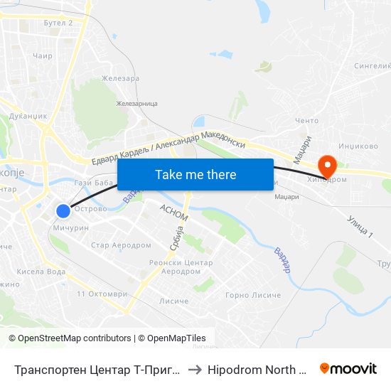 Транспортен Центар Т-Приградски Линии to Hipodrom North Macedonia map