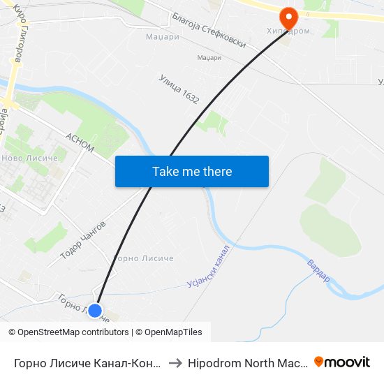 Горно Лисиче Канал-Кон Центар to Hipodrom North Macedonia map