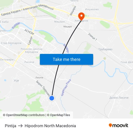 Pintija to Hipodrom North Macedonia map