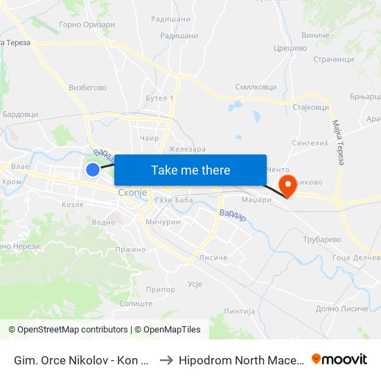 Gim. Orce Nikolov - Kon Centar to Hipodrom North Macedonia map