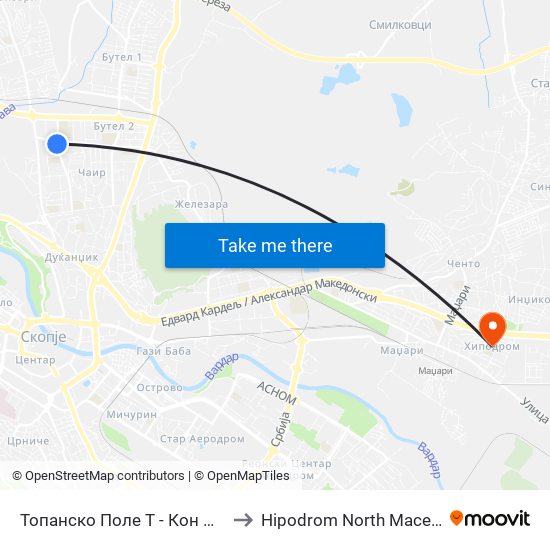 Топанско Поле Т - Кон Центар to Hipodrom North Macedonia map