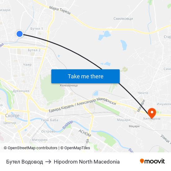Бутел Водовод to Hipodrom North Macedonia map