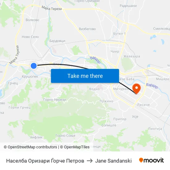 Населба Оризари Ѓорче Петров to Jane Sandanski map