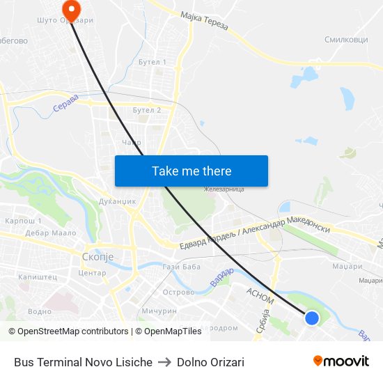 Bus Terminal Novo Lisiche to Dolno Orizari map