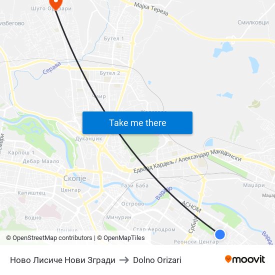 Ново Лисиче Нови Згради to Dolno Orizari map