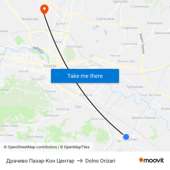 Драчево Пазар-Кон Центар to Dolno Orizari map