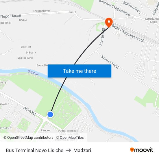 Bus Terminal Novo Lisiche to Madžari map