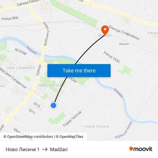 Ново Лисиче 1 to Madžari map