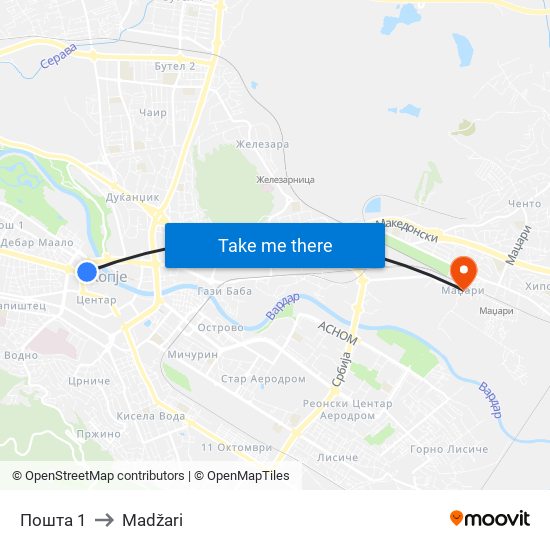Пошта 1 to Madžari map