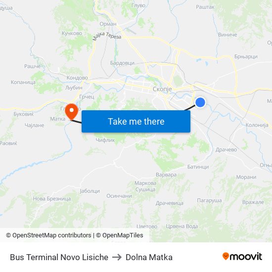 Bus Terminal Novo Lisiche to Dolna Matka map