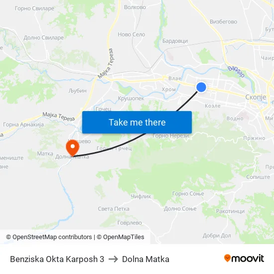 Benziska Okta Karposh 3 to Dolna Matka map