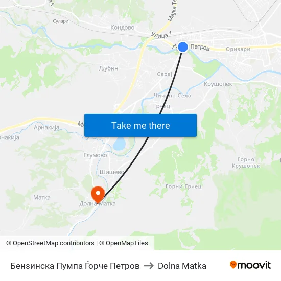 Бензинска Пумпа Ѓорче Петров to Dolna Matka map