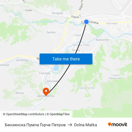 Бензинска Пумпа Ѓорче Петров to Dolna Matka map