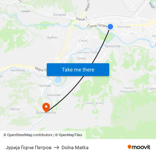 Јурија Ѓорче Петров to Dolna Matka map