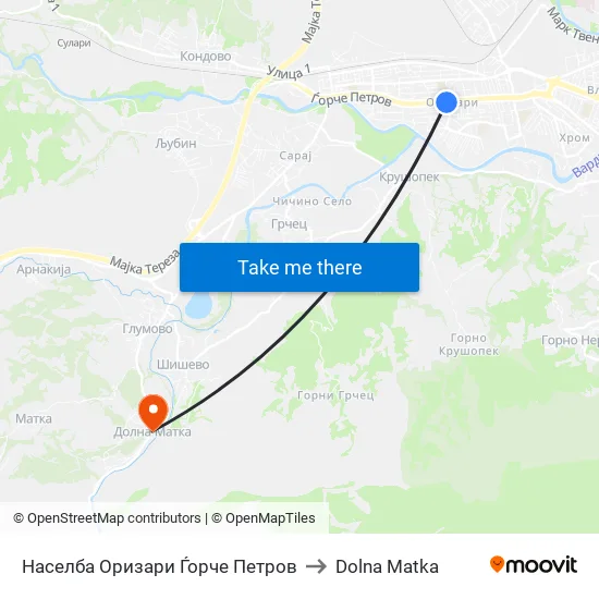 Населба Оризари Ѓорче Петров to Dolna Matka map