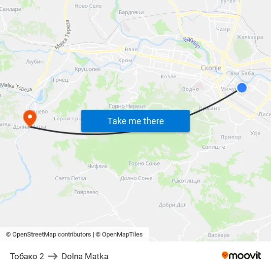 Тобако 2 to Dolna Matka map