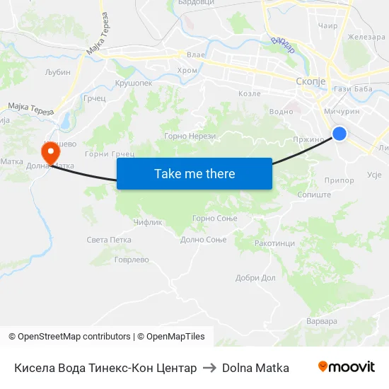 Кисела Вода Тинекс-Кон Центар to Dolna Matka map