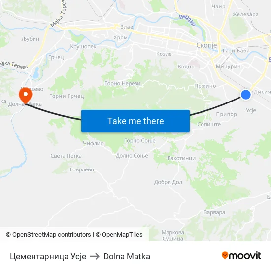 Цементарница Усје to Dolna Matka map