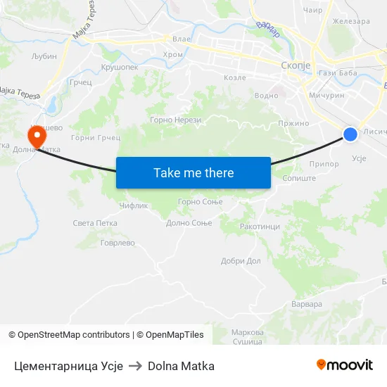 Цементарница Усје to Dolna Matka map