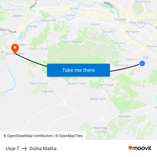 Usje-T to Dolna Matka map