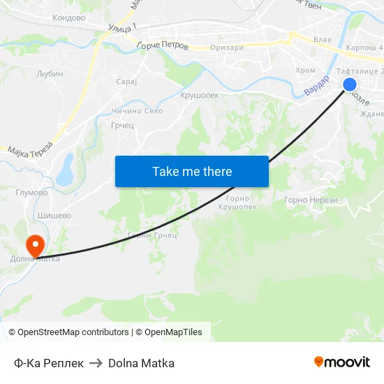 Ф-Ка Реплек to Dolna Matka map