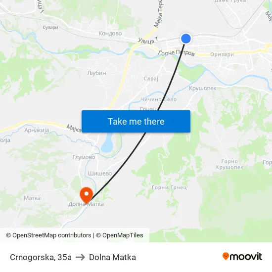 Crnogorska, 35a to Dolna Matka map