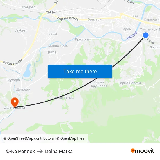 Ф-Ка Реплек to Dolna Matka map