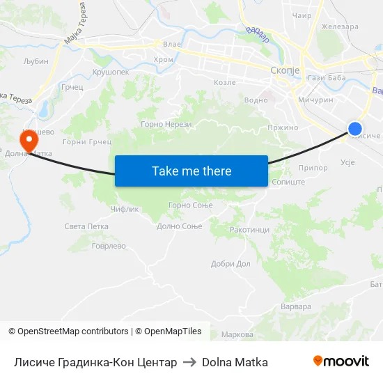 Лисиче Градинка-Кон Центар to Dolna Matka map