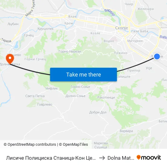 Лисиче Полициска Станица-Кон Центар to Dolna Matka map